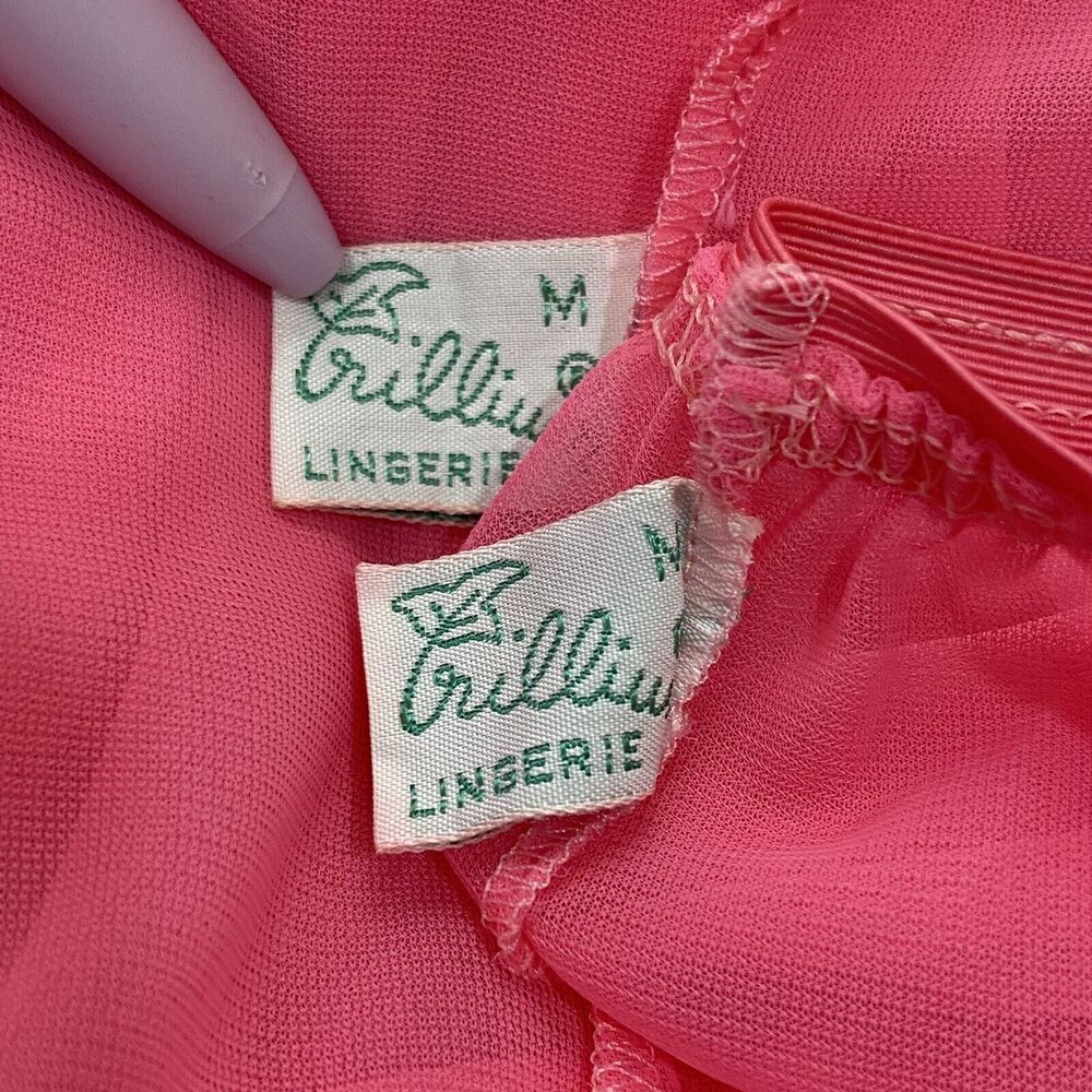 Vintage 50s Bubblegum Pink Nylon Chiffon Pearl Trim Babydoll Nightie Set Size M - Picture 15 of 16